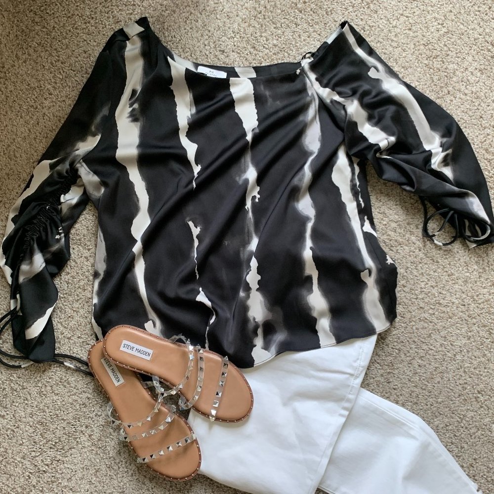 Halston Black White Silk Tie Dye Long Sleeve Off Shoulder Blouse Top